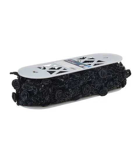 Yaya Han Sew on 3D Rose Trim with Sequins 2.13'' Black - Per Yard